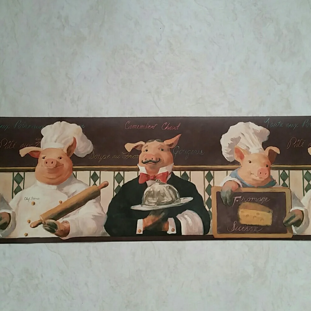 Wallpaper Border French Chef Pigs Black